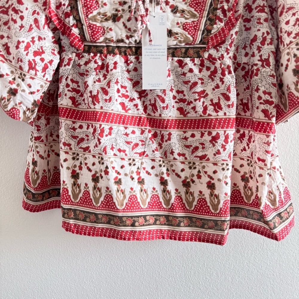 NWT Calypso St. Barth Red Puff Sleeve Quilted Boho Ruffle Top size Large - Picture 4 of 11